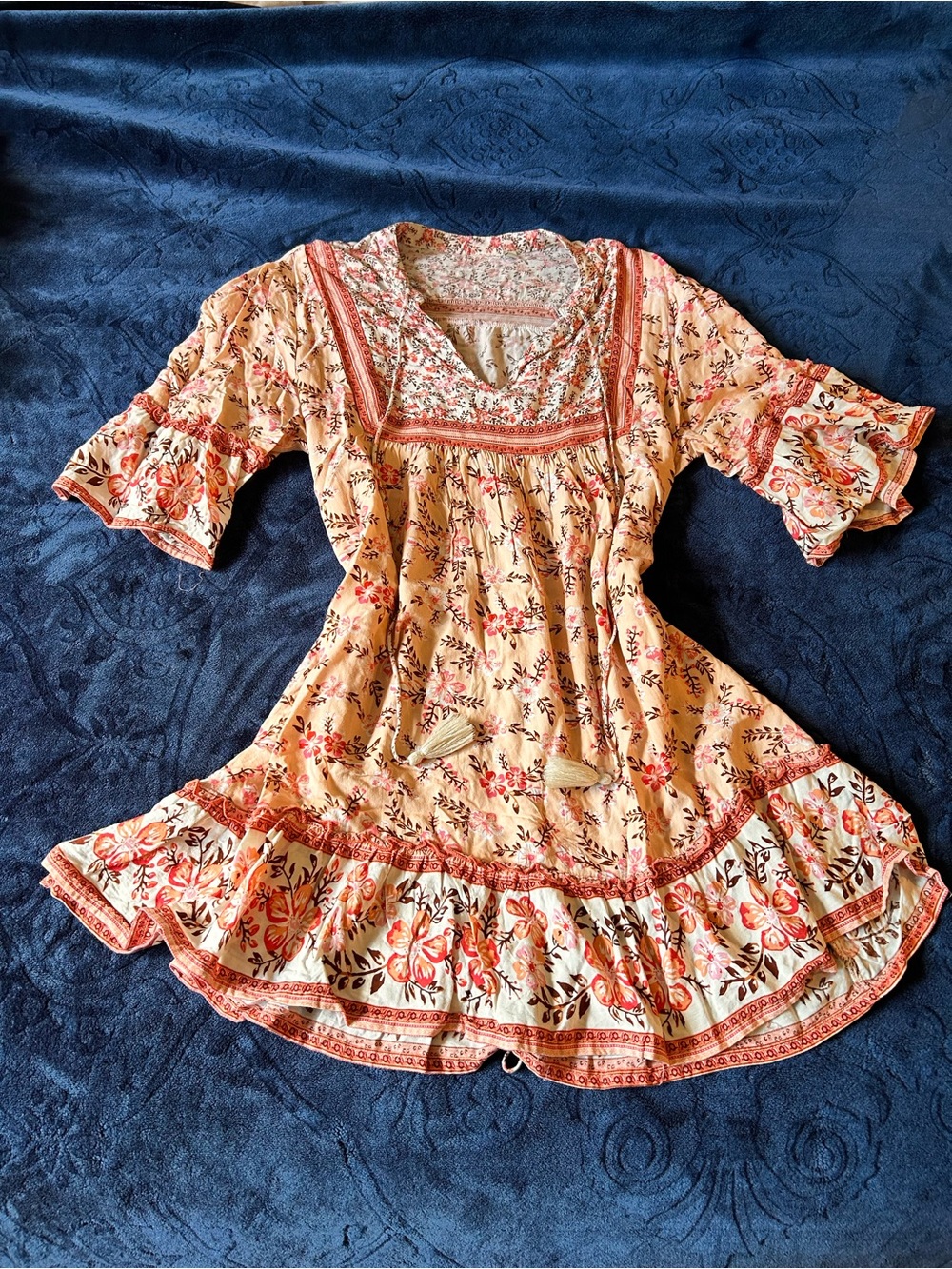 Peach Floral Boho Dress with Tassels